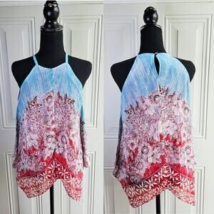 COCO BIANCO Halter Neck Summer Blouse Size Small Blue Red Floral Print